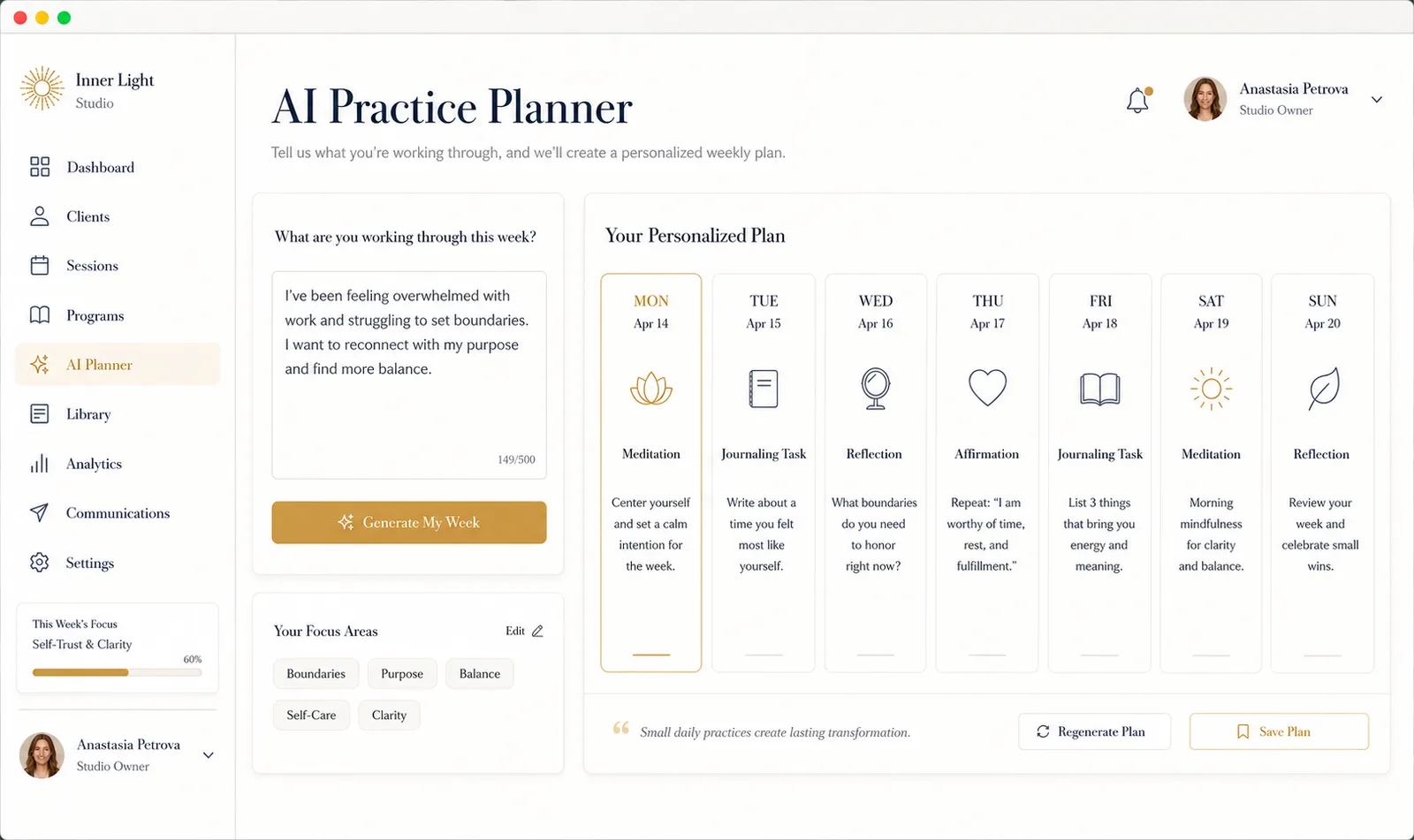 Practice Studio input to output flow (mockup)